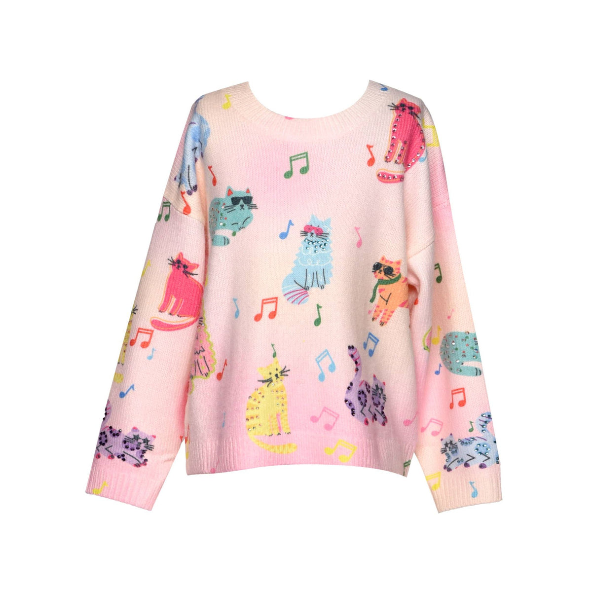 CAT PRINT SWEATER W/ RHINESTONES
