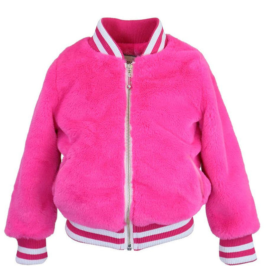 HOT PINK FAUX FUR VARSITY JACKET
