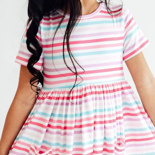 S/S POCKET TWIRL DRESS || PASTEL STRIPES